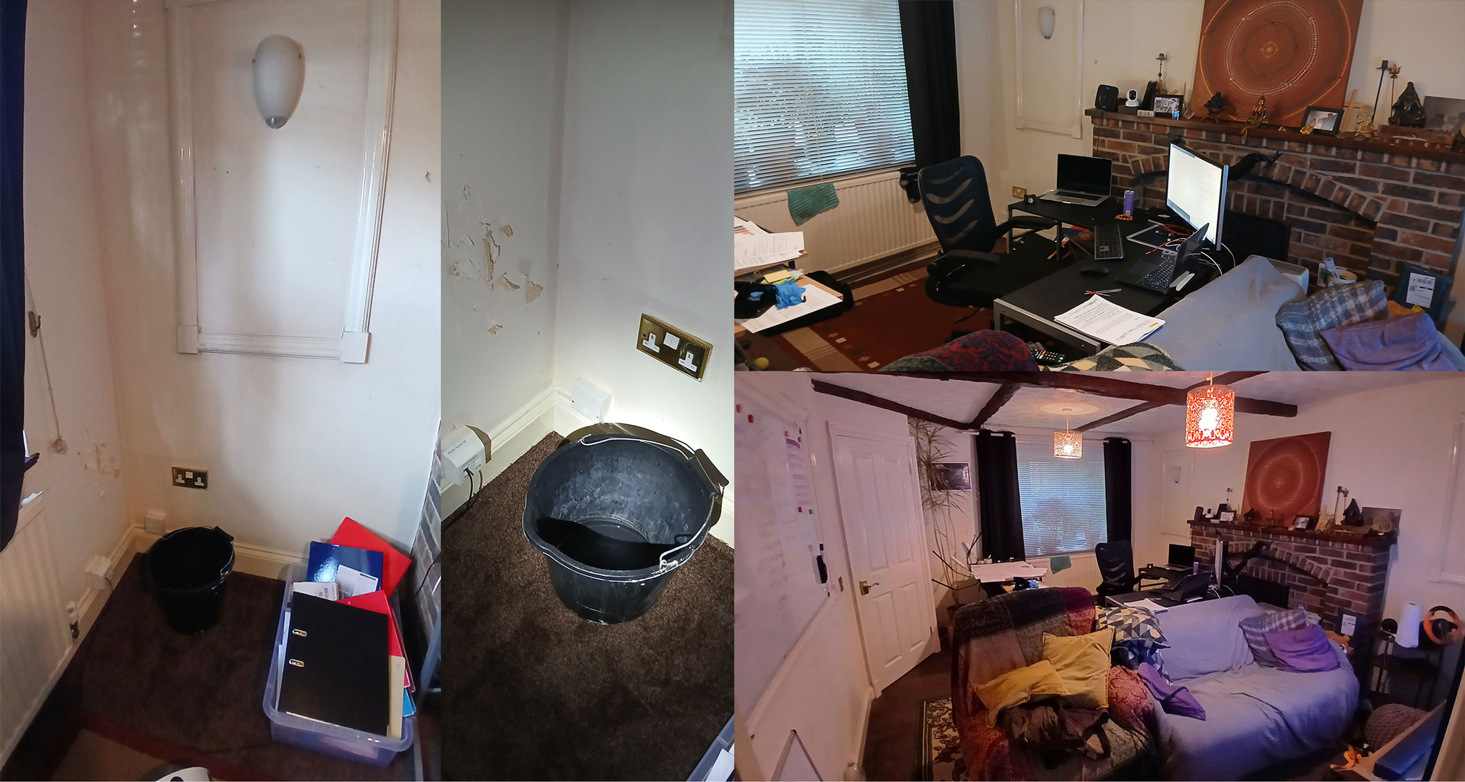 Interior living and working space following a single incident of water ingress from the bathroom above. A bucket was placed temporarily to collect dripping water; contact between the bucket and the wall caused superficial scraping and disturbance of wallpaper that had become wet during the incident. The surrounding images show the proximity of the leak area to furniture, documents, and computer equipment within the primary living space, illustrating the immediate impact of the incident on habitability and use of the room.