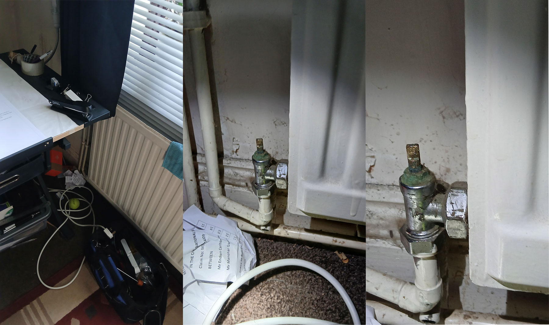 Seized radiator bleed valve at point of catastrophic failure. The valve mechanism is visibly corroded and immobile, preventing isolation of the water supply and causing uncontrolled discharge. This constitutes a direct breach of landlord repair and safety duties. Legal paperwork is visible beneath the valve, demonstrating secondary consequential harm arising from the initial mechanical failure.