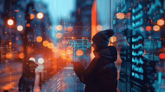 A person standing alone at dusk, in a quiet urban setting, holding a glowing data chart like a map. The chart shows health stats and medication notes, softly illuminated in blues and oranges. The city around them is blurred and rushing by, symbolizing a fast-paced world. The person stands calm, grounded, and reflective a mix of tech and humanity. Subtle references to Caribbean culture and a husky dog nearby, hinting at support and recovery. Cinematic lighting, soft shadows