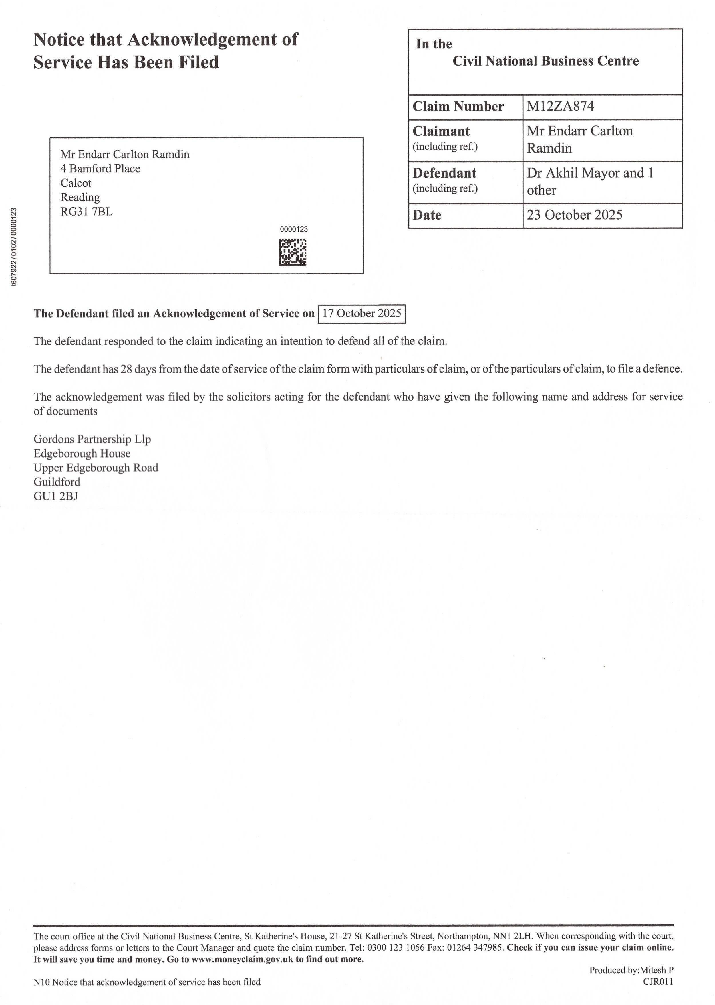 EX08 / Court record confirming no Defence filed	Envelope-2-CNBC-Notice-October2025.jpeg / Defence not filed by CPR deadline; default crystallised	CPR r.15.4; CPR r.12.3