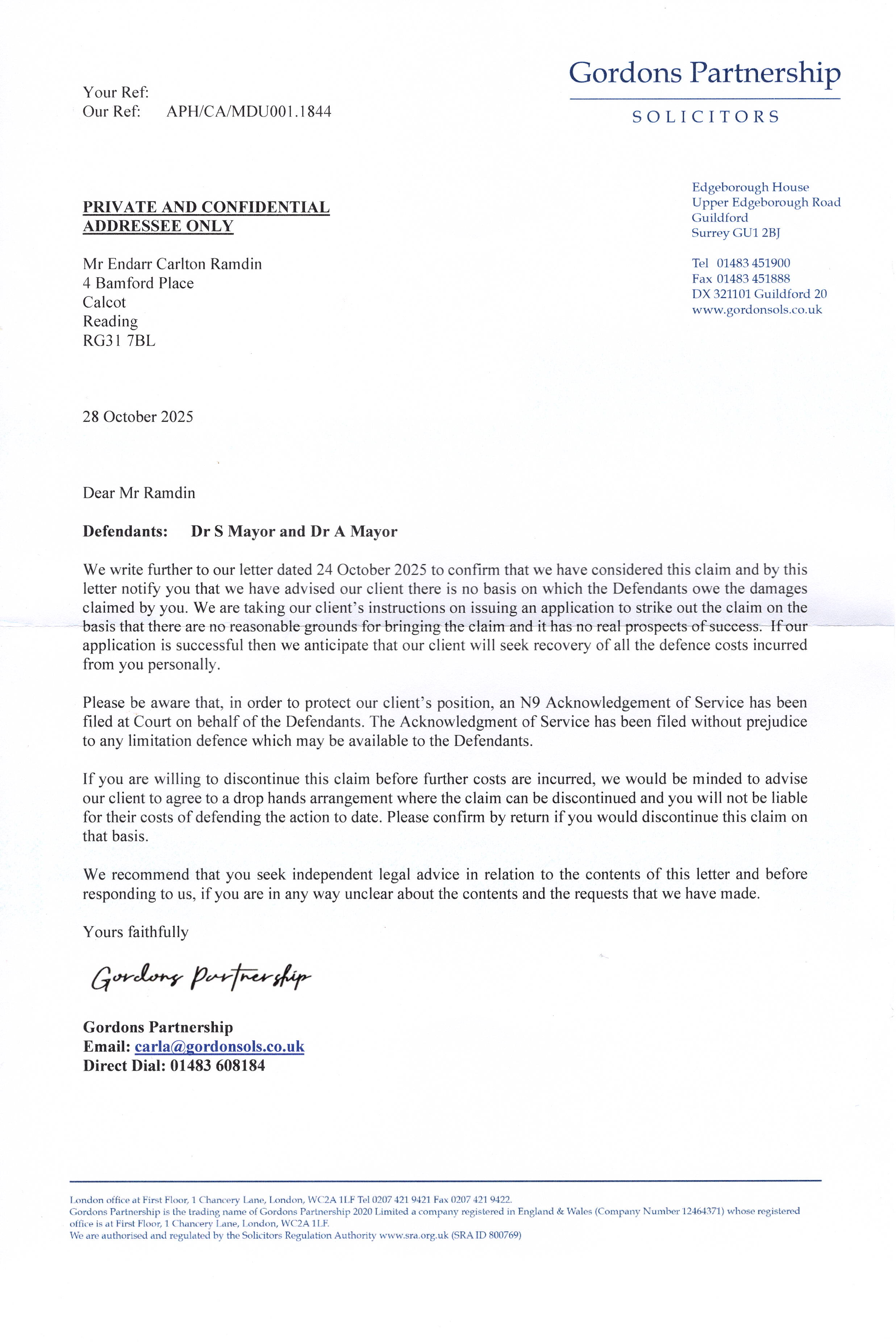 EX05	Substantive merits / strike-out assertions	gordens-letter-2.jpeg Merits and strike-out posture asserted without pleaded Defence CPR r.3.4(2)(b)