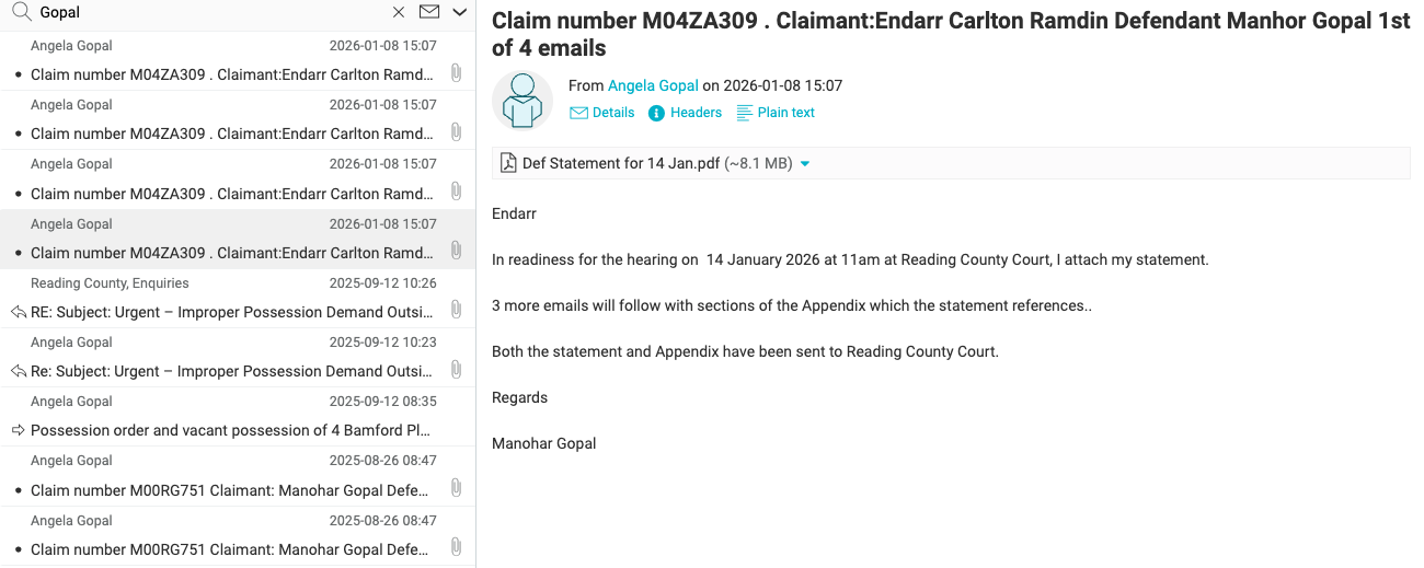 Screenshot of Angela Gopal Email 8th Jan 2026