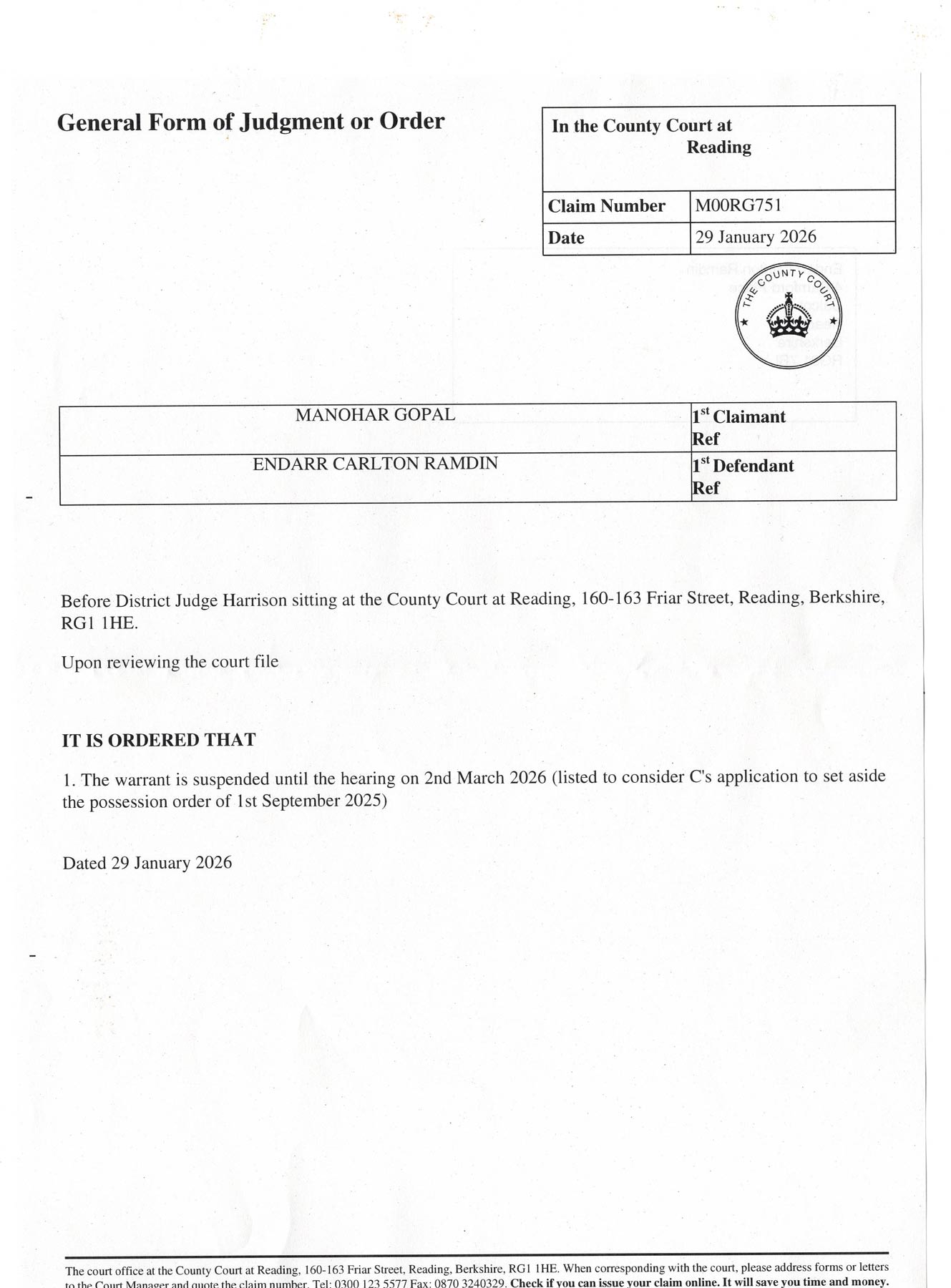 General form of judgement or order 29th Jan 2026