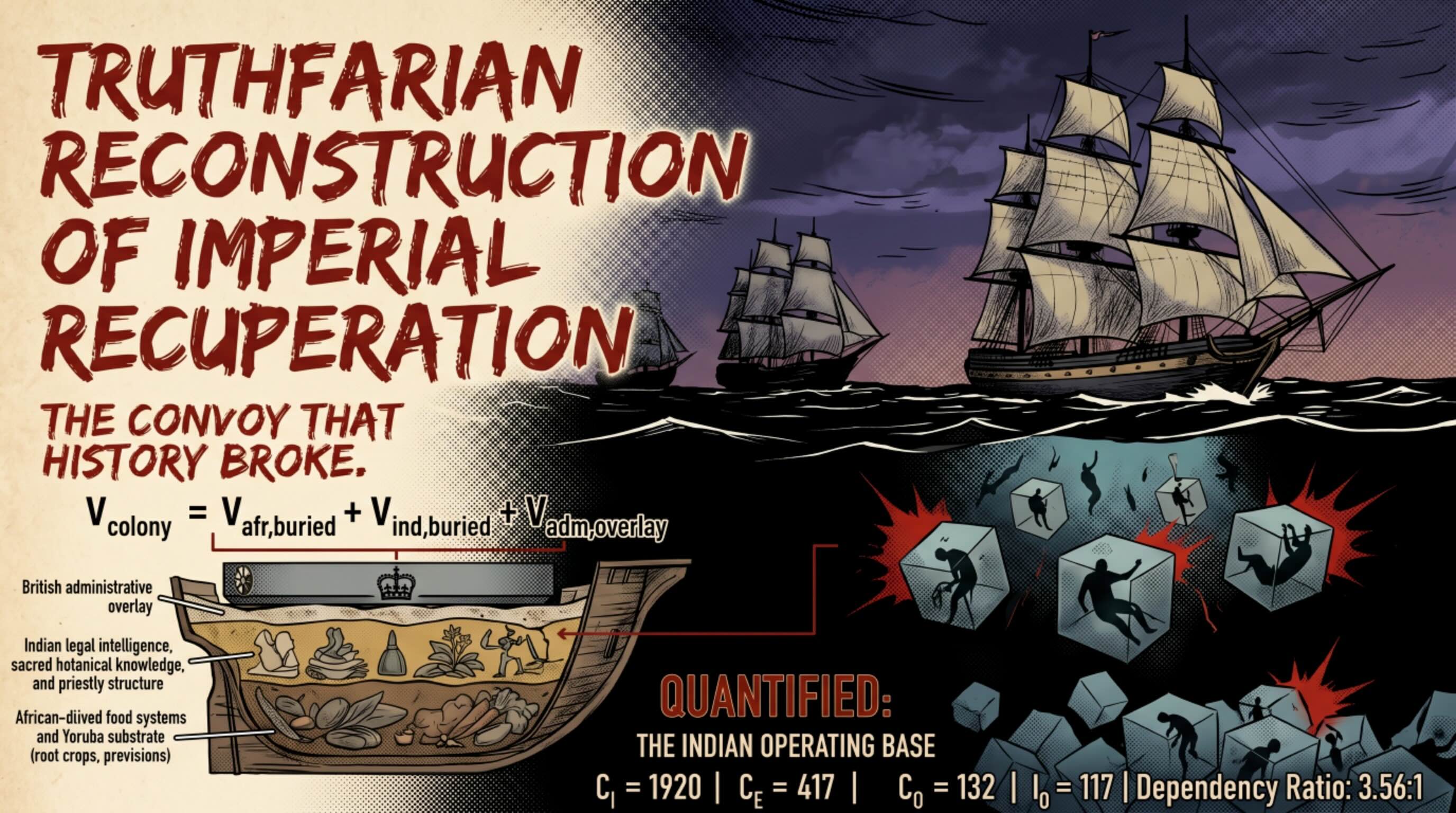 Figure 1. Truthfarian Reconstruction of Imperial Recuperation — Cover Framework : Opening visual for the full reconstruction. The figure presents the protected convoy system as a buried imperial recovery structure, combining maritime movement, colonial cargo, administrative overlay, Indian operating base, African-derived food systems, and quantified human-capability extraction.