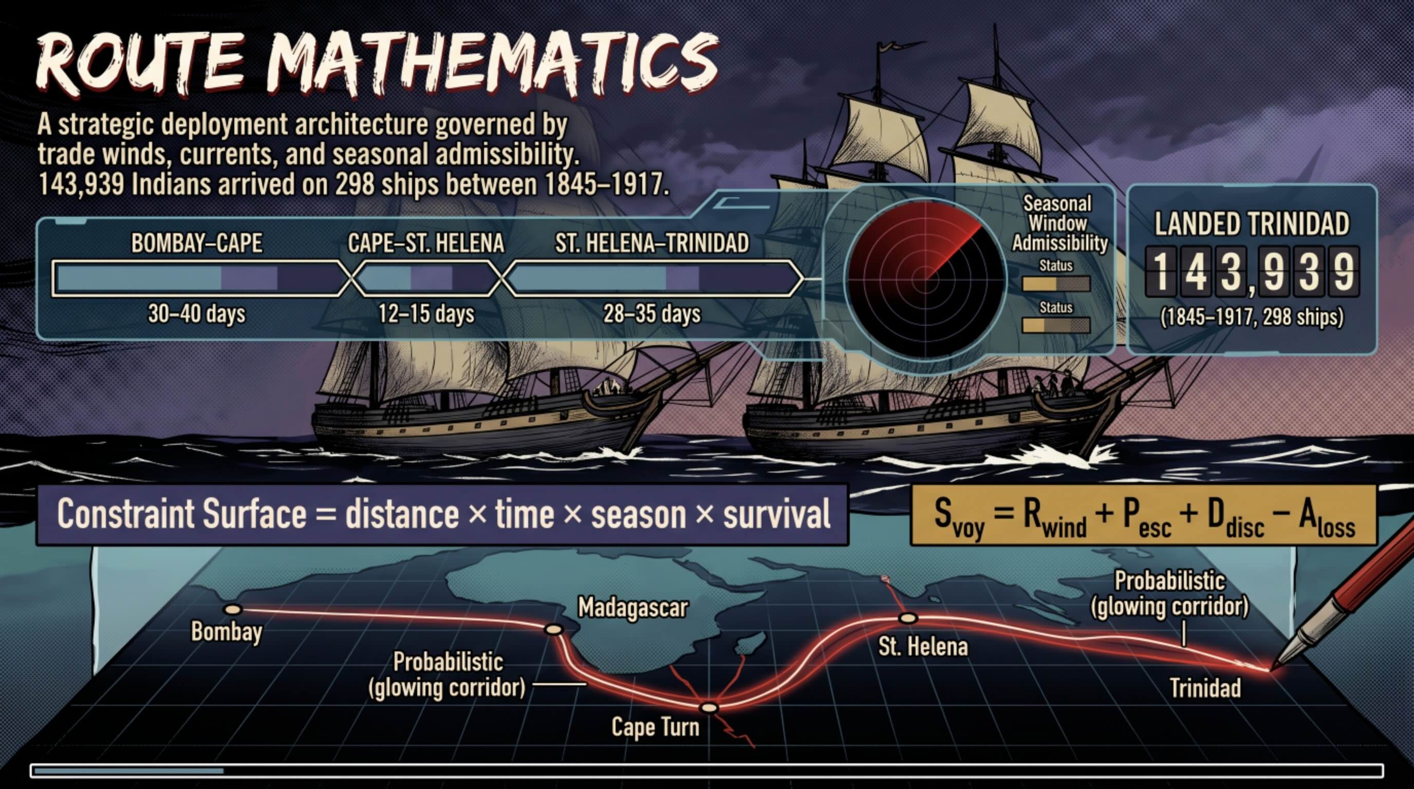 Figure 11. Route Mathematics and Destination Field Detection — This figure supports the quantified route layer by showing how destination anchors, population figures, births, deaths, natural increase, and no-exit modelling contribute to the Trinidad destination gap field.