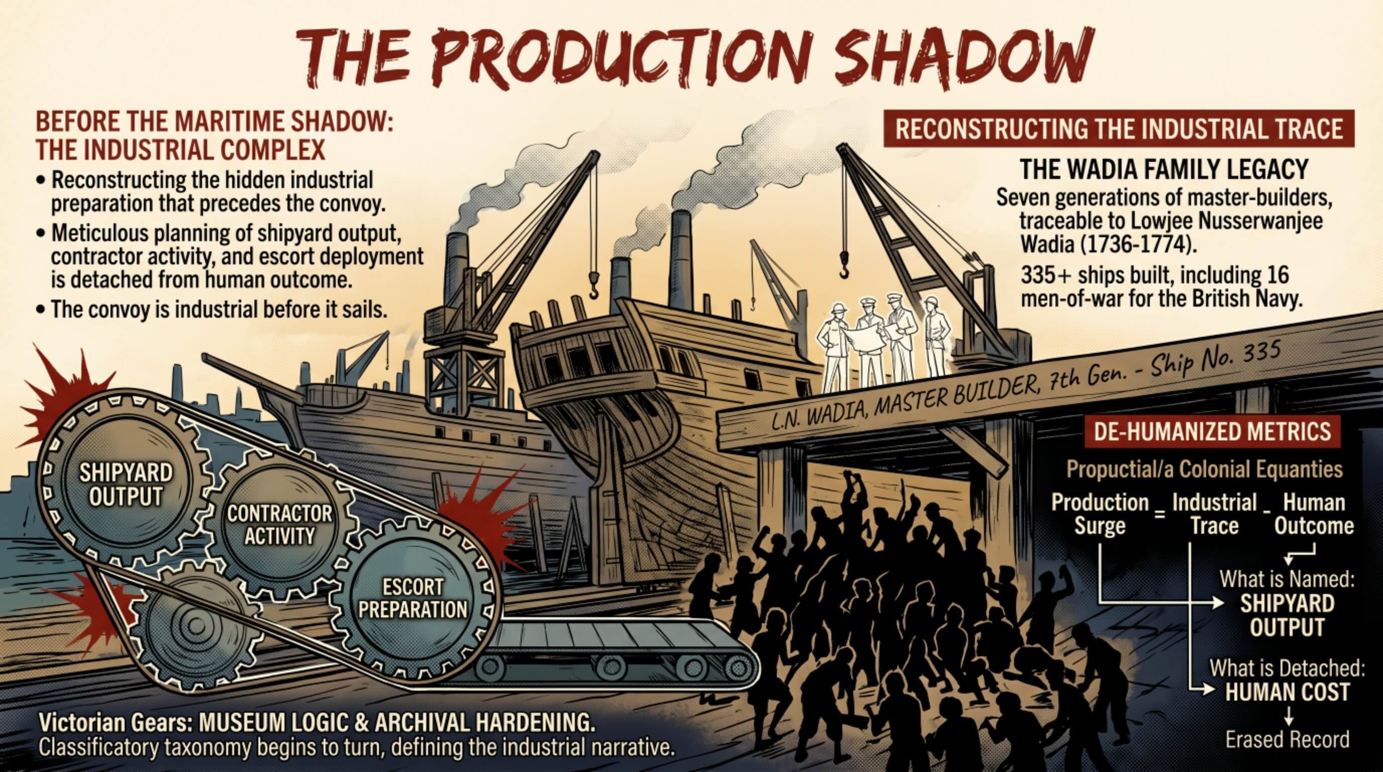 Figure 12. The Production Shadow Before the Maritime Shadow — This figure shows that convoy movement begins before sailing. It positions shipbuilding, provisioning, timing, preparation, and industrial output as the hidden production layer beneath later maritime transfer.