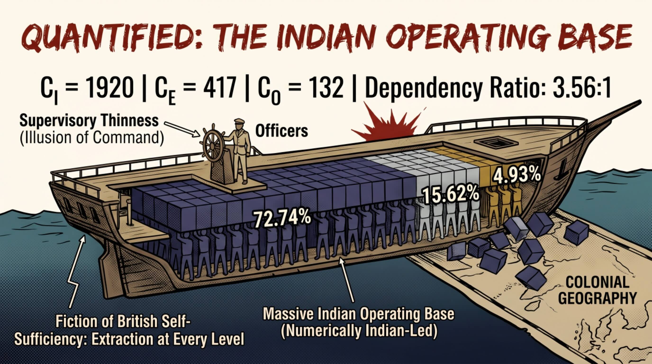 Figure 13. Quantified Convoy Reconstruction — Indian Operating Base — This figure presents the counted structure of the convoy reconstruction, including fleet scale, embarked population, crew depth, supervisory thinness, and the numerically Indian-led operating base.