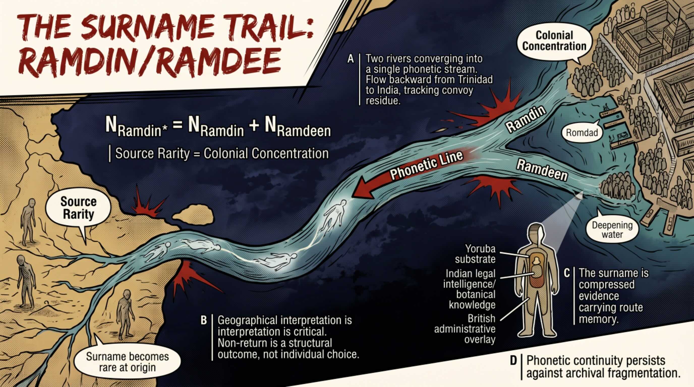 Figure 15. The Surname Trail — Ramdin/Ramdeen as Route Residue — This figure visualises colonial deposit logic across destination nodes. It supports the argument that route allocation was not symbolic or incidental, but part of a distributed imperial recovery architecture.