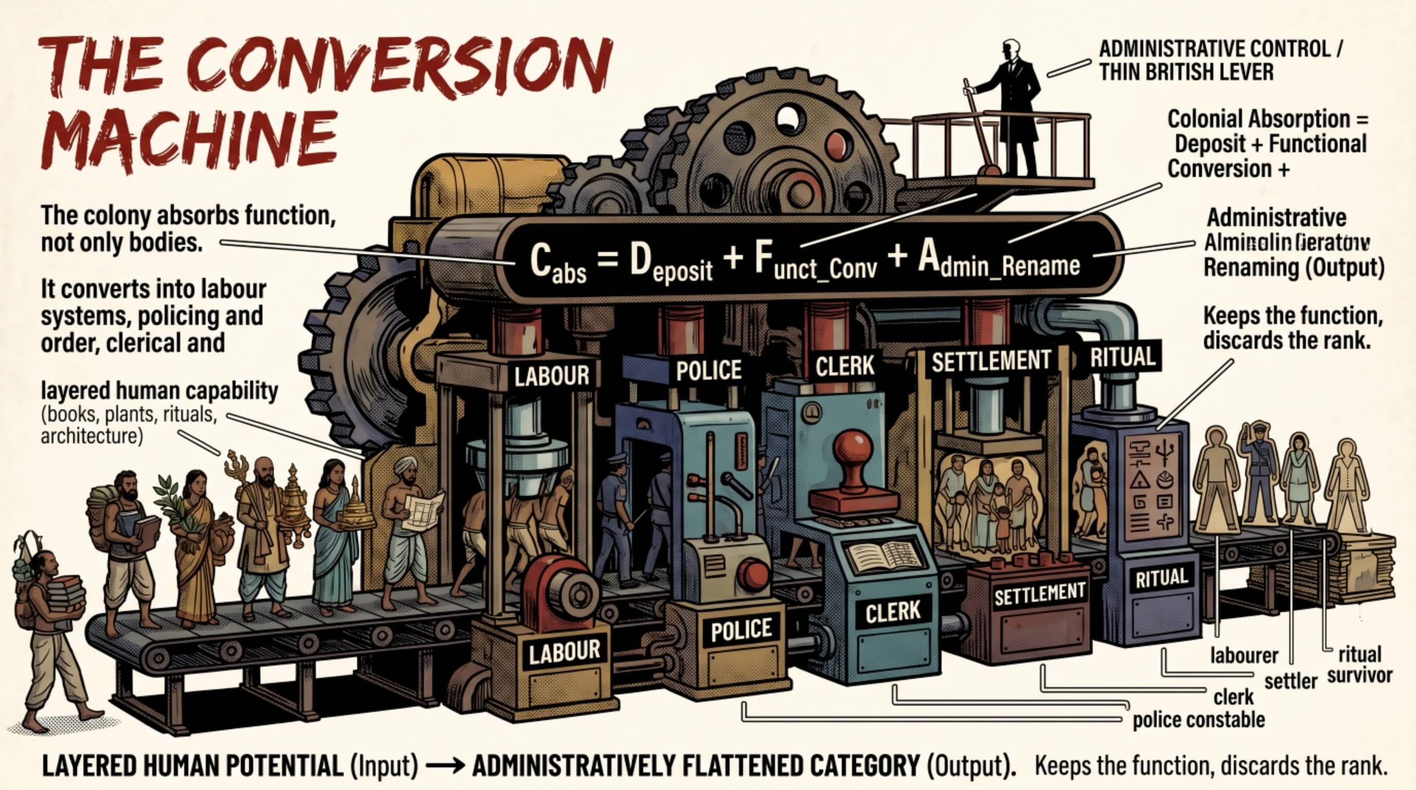 Figure 16. The Conversion Machine — Absorption into Colonial Form — This figure represents the colony as a conversion machine. Deposited function is absorbed into labour systems, policing, clerical strata, settlement, kinship, food continuity, ritual survival, and renamed colonial categories.