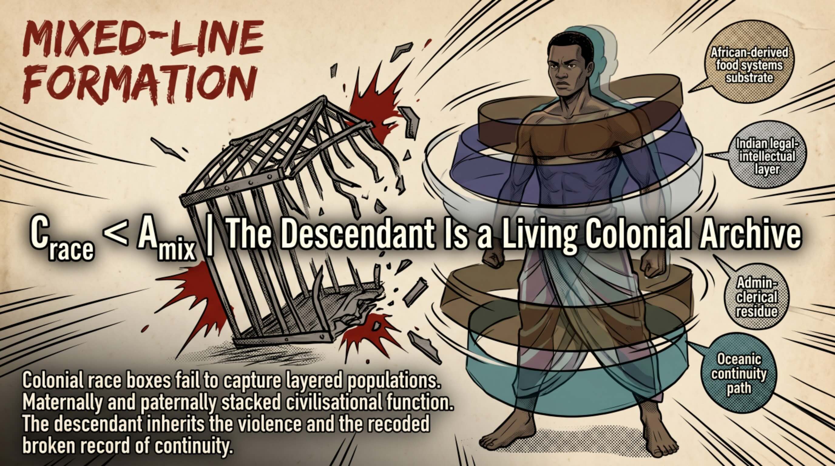 Figure 18. Mixed-Line Formation — Failure of Colonial Race Categories — This figure shows how colonial race categories fail to describe the actual structure of mixed-line formation. It places maternal, paternal, administrative, productive, and lineage layers into one living colonial archive.