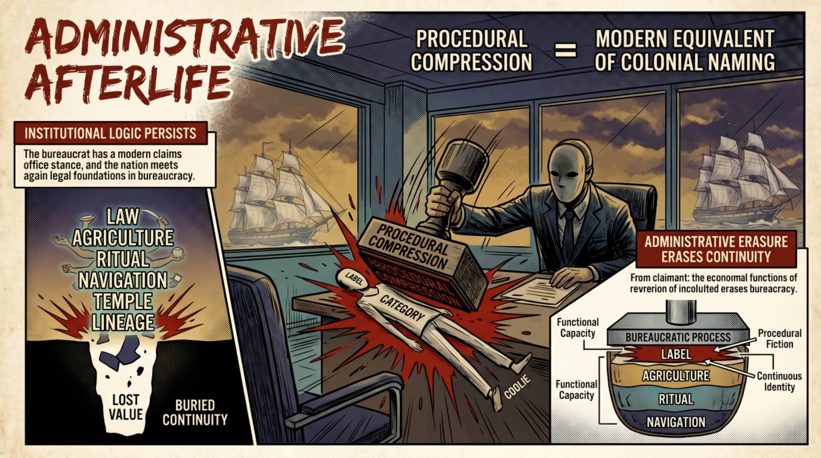 Figure 19. Administrative Afterlife — Modern Procedural Compression — This figure shows how colonial race categories fail to describe the actual structure of mixed-line formation. It places maternal, paternal, administrative, productive, and lineage layers into one living colonial archive.