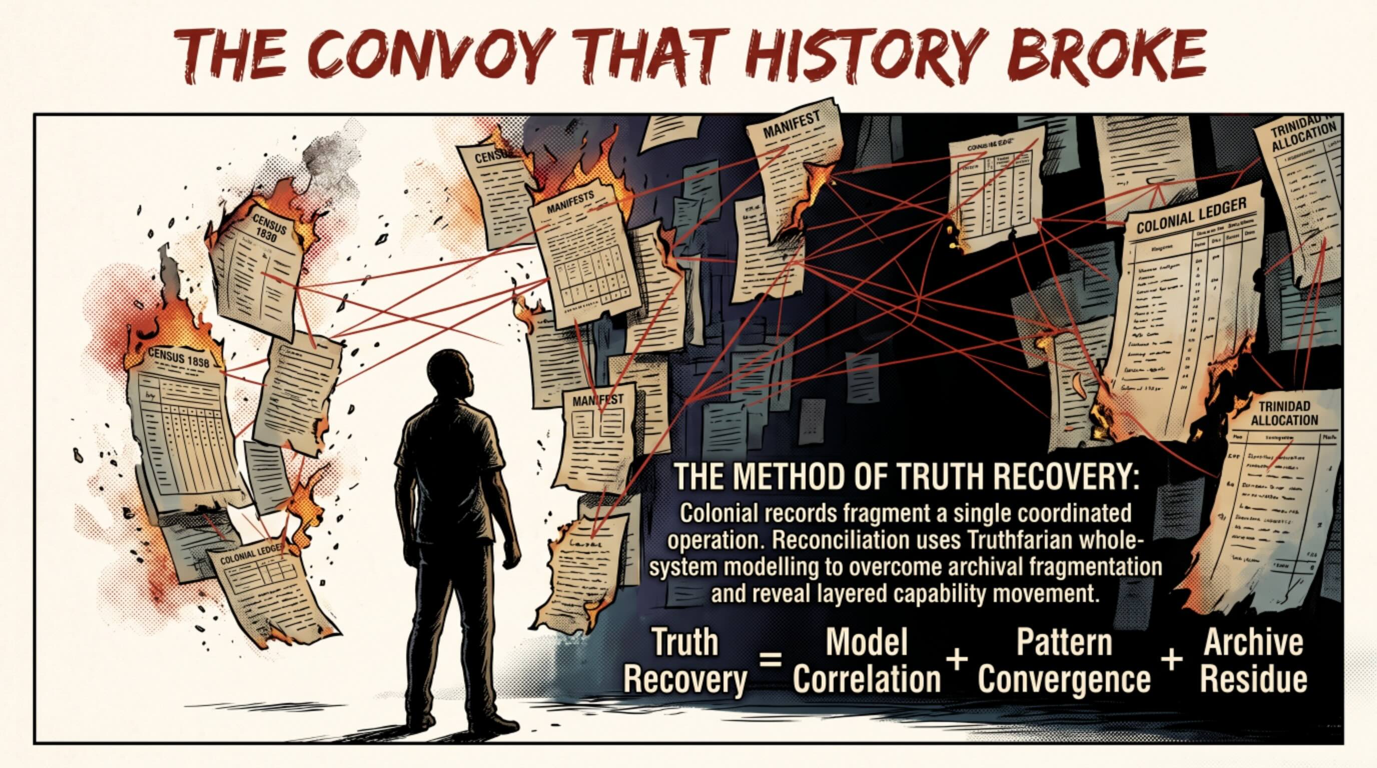 Figure 2. The Convoy That History Broke — Truth Recovery Method : This figure introduces the central recovery method of the paper: fragmented colonial records are not treated as final authority but as damaged residue to be reconciled through model correlation, pattern convergence, and archive residue.