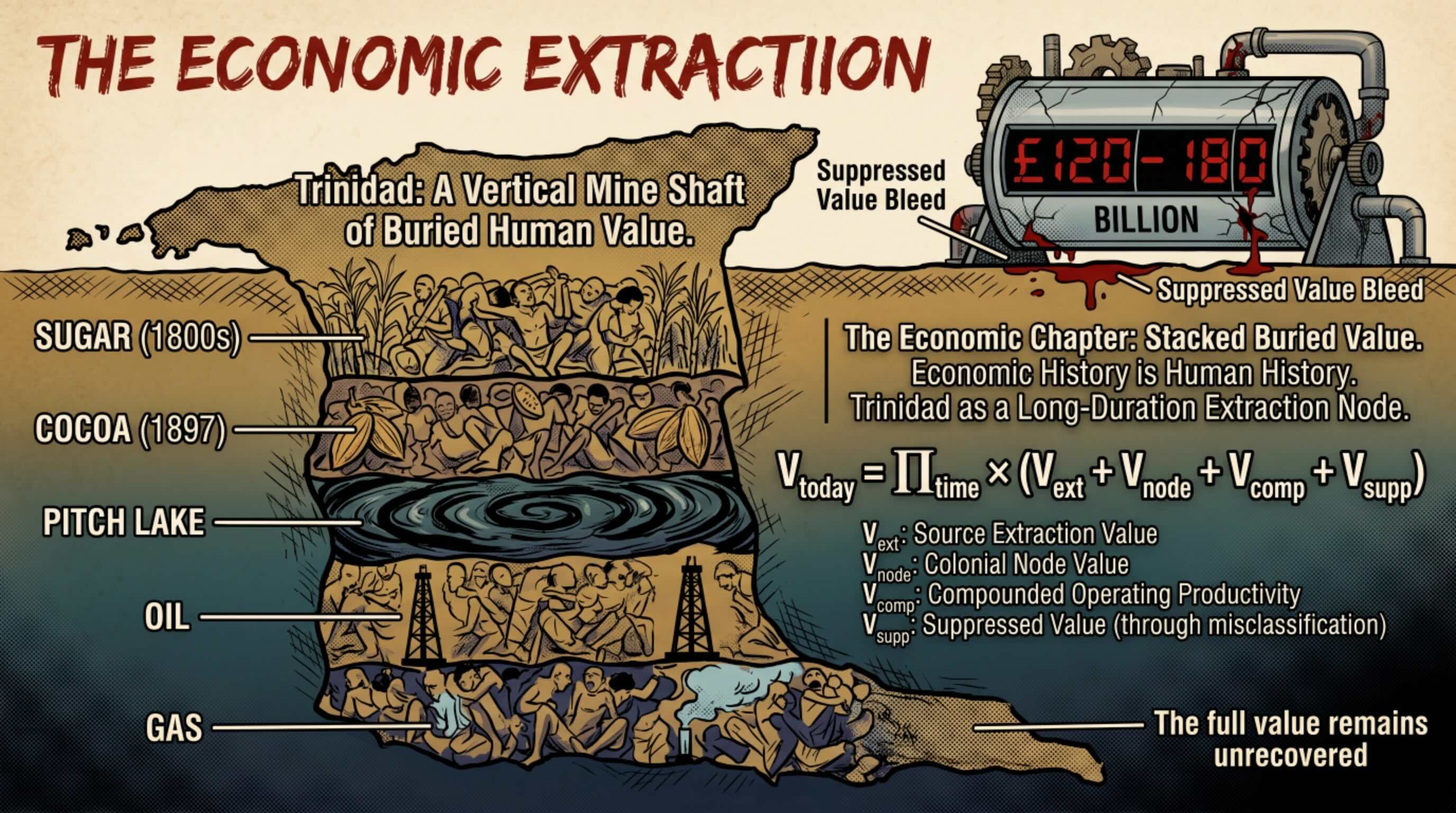 Figure 20. Economic Extraction — Accumulated Value and Present Equivalent — This figure visualises the economic chapter’s claim that buried value was not singular or static. Extraction, deposited colonial value, misclassification, compounding, and present-day equivalent recovery are treated as one value spine.