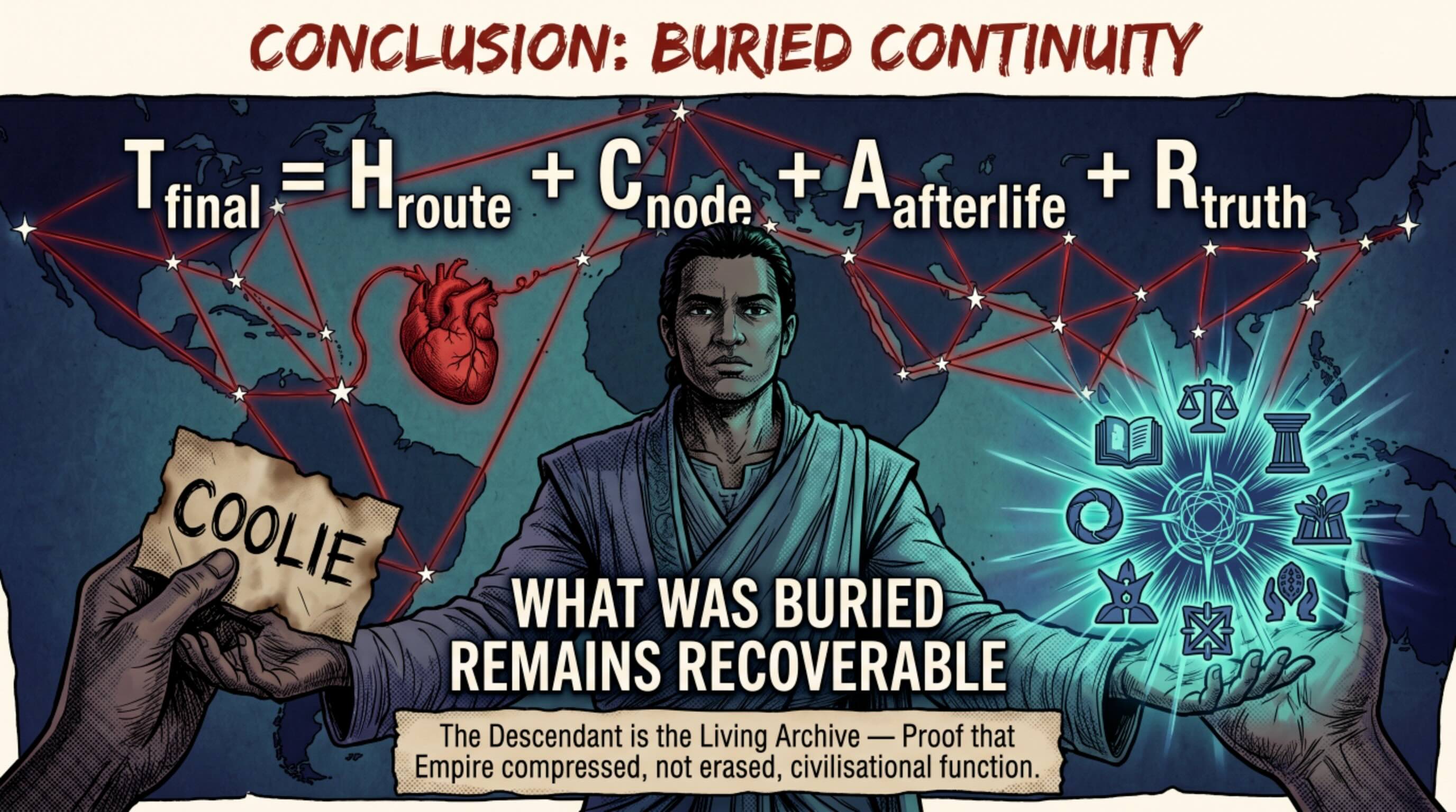 Figure 21. Buried Continuity — Closing Recovery Structure — This concluding figure gathers the paper’s final claim: one protected system, one buried continuity, and one recovery method. It closes the visual sequence by returning the fragmented archive to a whole-system reconstruction.