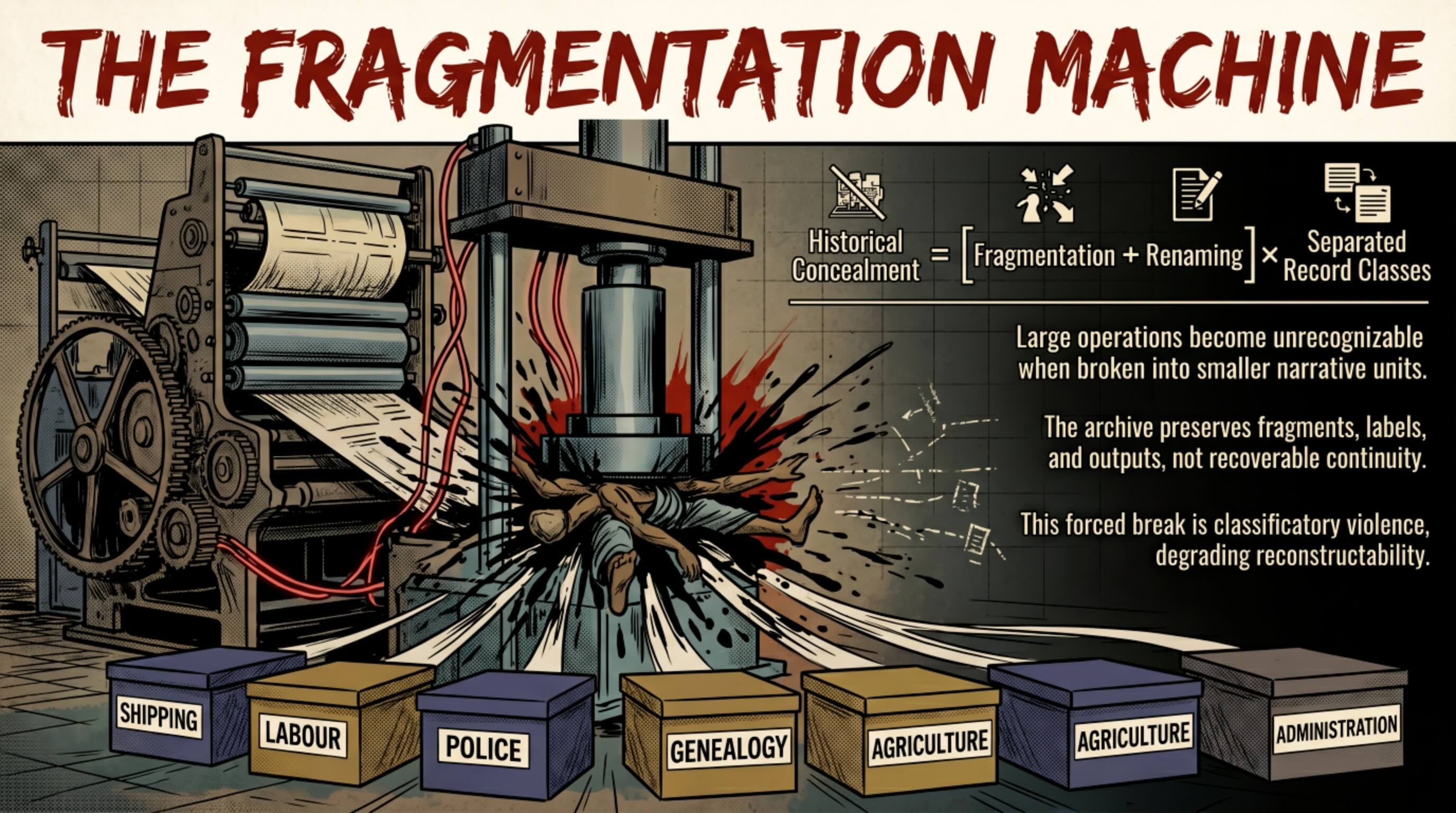 Figure 4. The Fragmentation Machine — Concealment by Separation : This figure illustrates how a single coordinated imperial operation becomes unreadable when divided into separate record classes, including shipping, labour, police, genealogy, agriculture, and administration.