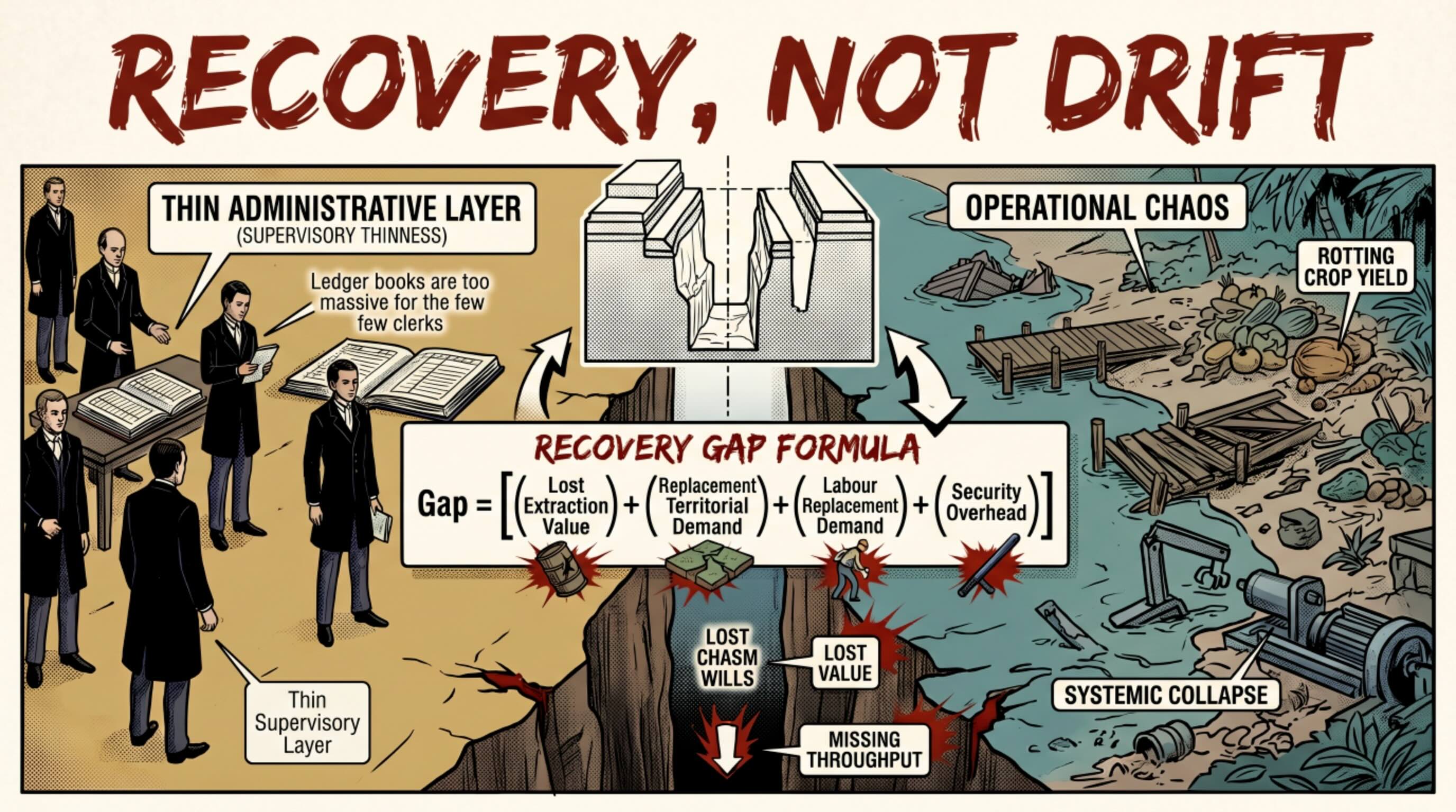 Figure 5. Recovery, Not Drift — Imperial Recuperation Pressure : This figure represents the central distinction between organic drift and strategic recovery. It frames convoy formation as a response to lost extraction value, territorial replacement demand, labour replacement demand, and security overhead.