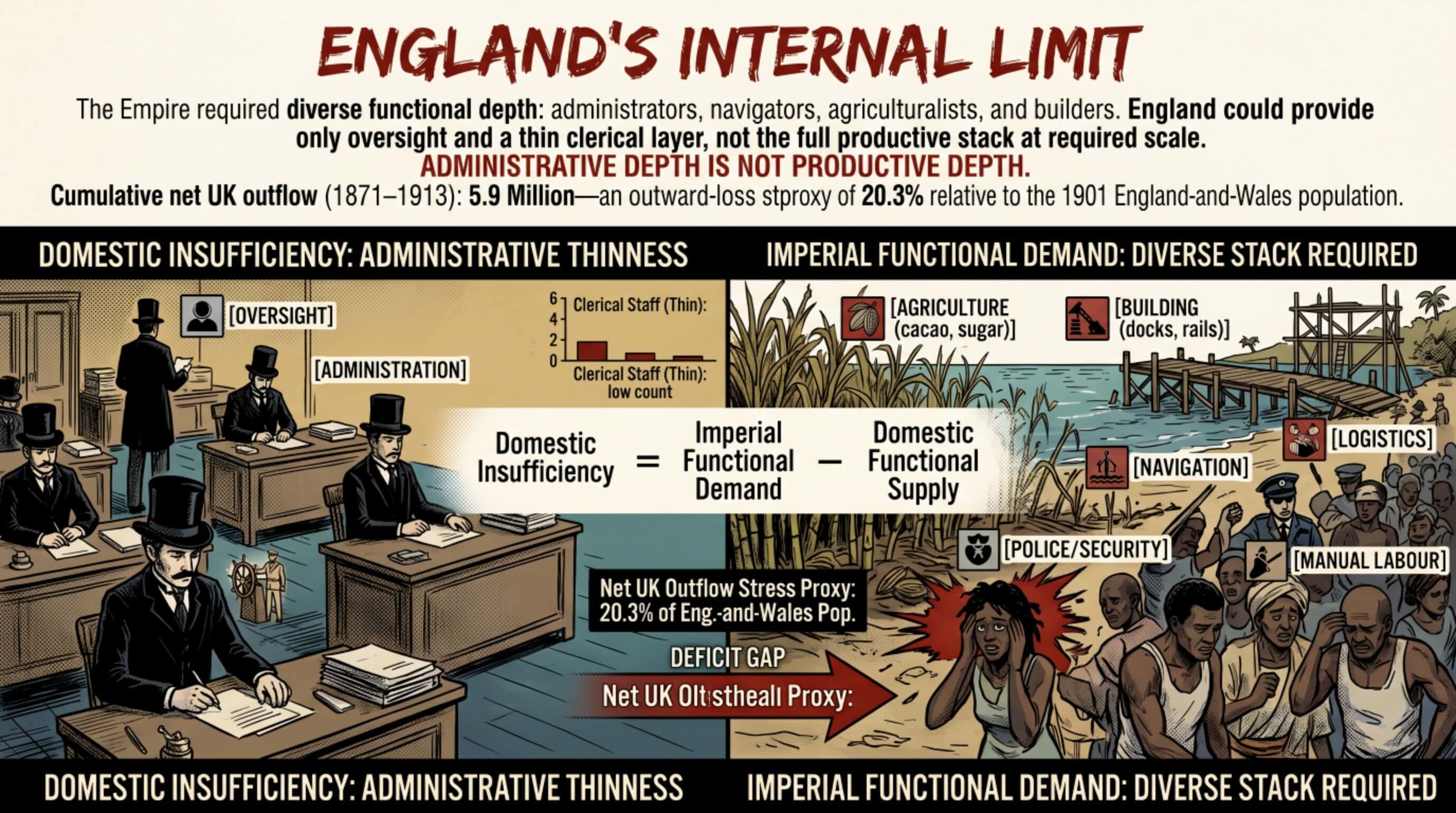 Figure 6. England’s Internal Limit — External Human Function Requirement : This figure supports the argument that domestic population size alone could not answer imperial need. The relevant question is not general supply of people, but whether sufficient maritime, agricultural, architectural, administrative, disciplinary, and settlement function existed internally.