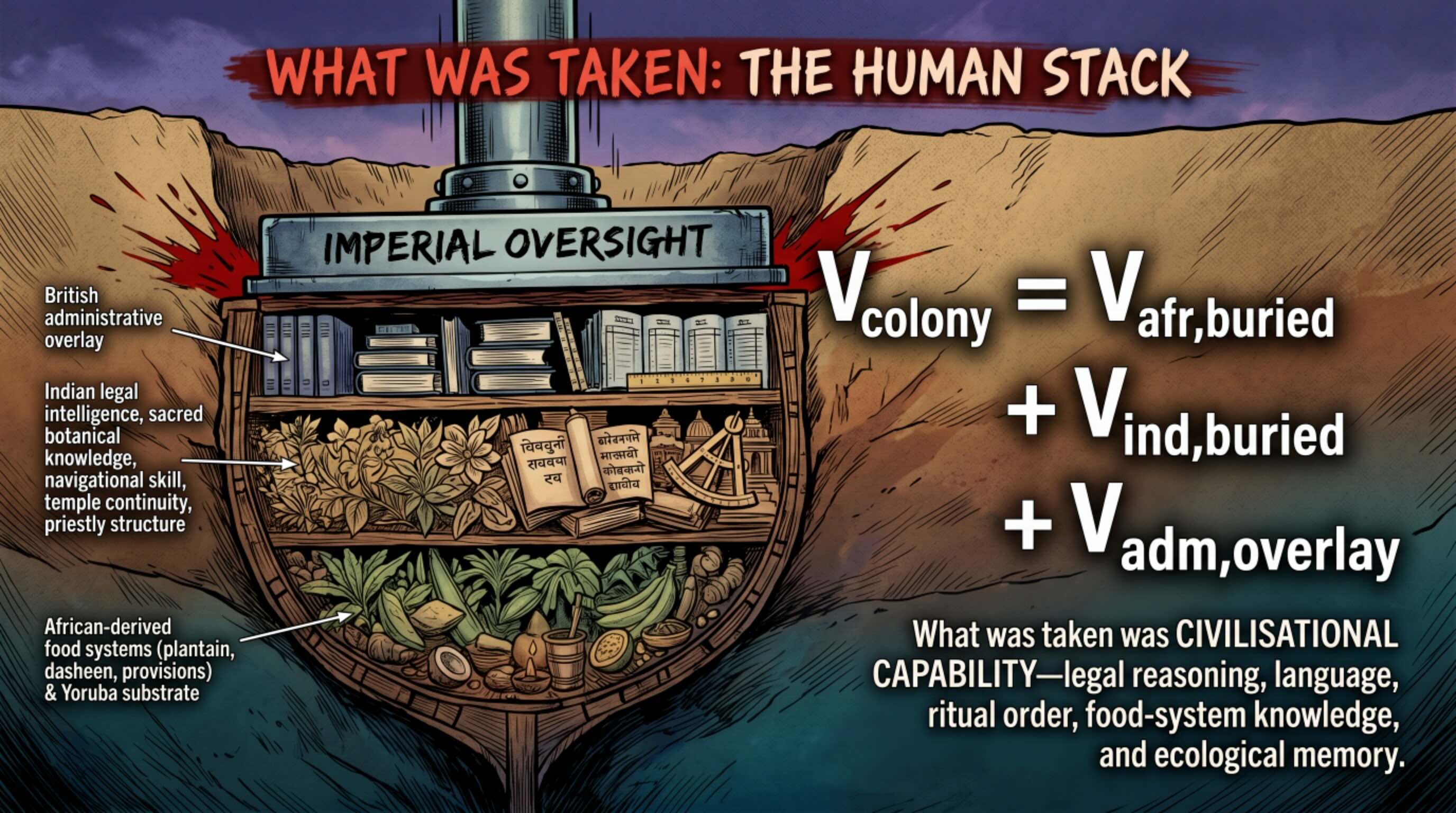 Figure 7. What Was Taken — The Human Capability Stack : This figure identifies the extracted cargo as layered human capability rather than generic labour. It visualises African-derived, Yoruba-derived, Indian, Brahmin-derived, ecological, sacred, administrative, and productive intelligence as stacked colonial value.