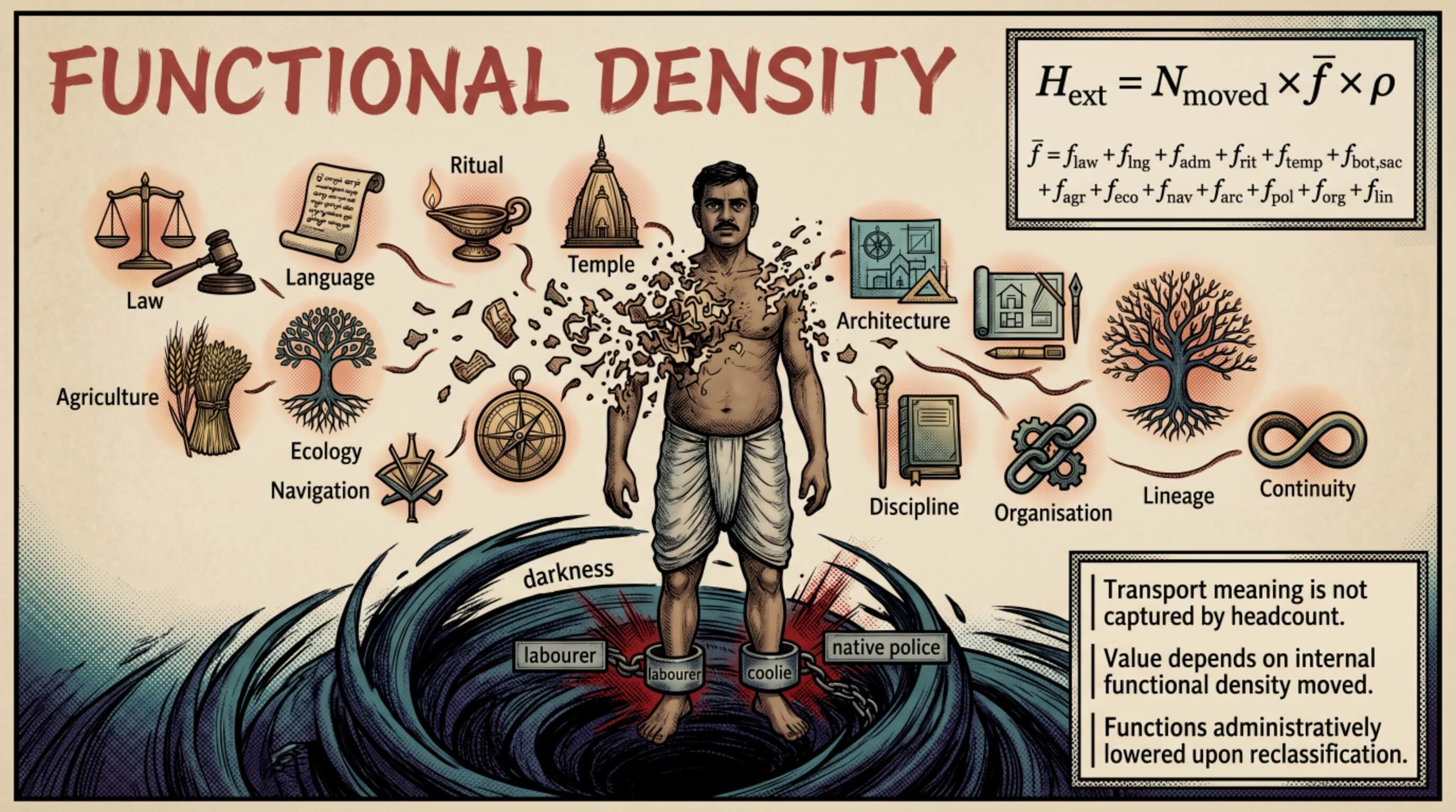 Figure 8. Functional Density — The Real Cargo : This figure develops the paper’s rejection of flattened labour categories. It presents functional density as the true cargo of colonial redeployment: not bodies alone, but skills, lineage, food knowledge, discipline, ritual continuity, and organisational capacity.