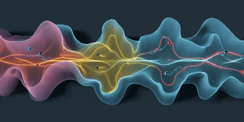 Hyper-realistic conceptual illustration of Markov Temporal Mapping: time-indexed state transitions rendered as layered temporal planes; each state shown as a stable or unstable equilibrium node; transition probabilities visualised as directed neon vectors; drift-zones marked as curvature fields; Nash-Markov inevitability path highlighted as the dominant trajectory; Sentinel correction gates positioned at temporal boundaries; harmonic time-steps aligned to equilibrium cycles; clean mathematical topology, ultra-sharp 8k, deterministic temporal geometry