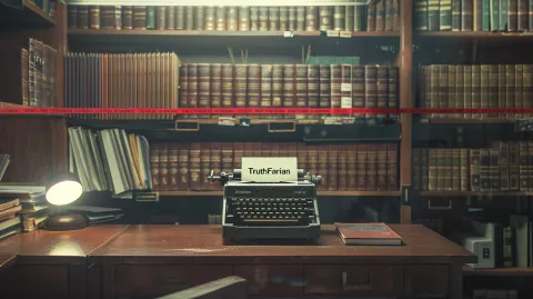 Design a clean, serious banner for a human rights and whistleblowing portal titled "TruthFairian". Visual style: legal evidence wall or secure document room. Focus: court papers, redacted files, evidence bundles, a typewriter label marked "Disclosure". No people. Lighting: cool-toned, overhead or side-lit realism. A bold red line or folder tag with the word "TRUTHFARIAN" stamped on. Style: documentary, not cinematic. Color palette: grayscale with legal red and soft brown accents. No symbolism, no mysticism,