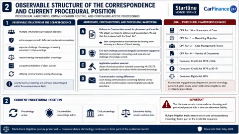 Figure 1. Observable Structure of the Correspondence and Current Procedural Position — illustrating defended counterclaim chronology, hearing-characterisation chronology, civil claim positioning, communication-routing chronology, legal frameworks engaged, and continuing multi-track litigation posture across active proceedings.