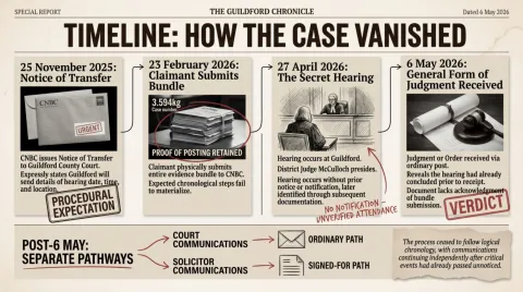 Timeline of Procedural Divergence and Hearing Visibility Chronology in Claim M12ZA874.  This figure illustrates the chronology from transfer of proceedings by the Civil National Business Centre on 25 November 2025 through to receipt of the General Form of Judgment or Order dated 6 May 2026. The sequence records transfer chronology, unresolved CNBC chronology, bundle submission chronology, hearing chronology later identified through order chronology, absence of identified hearing notification chron